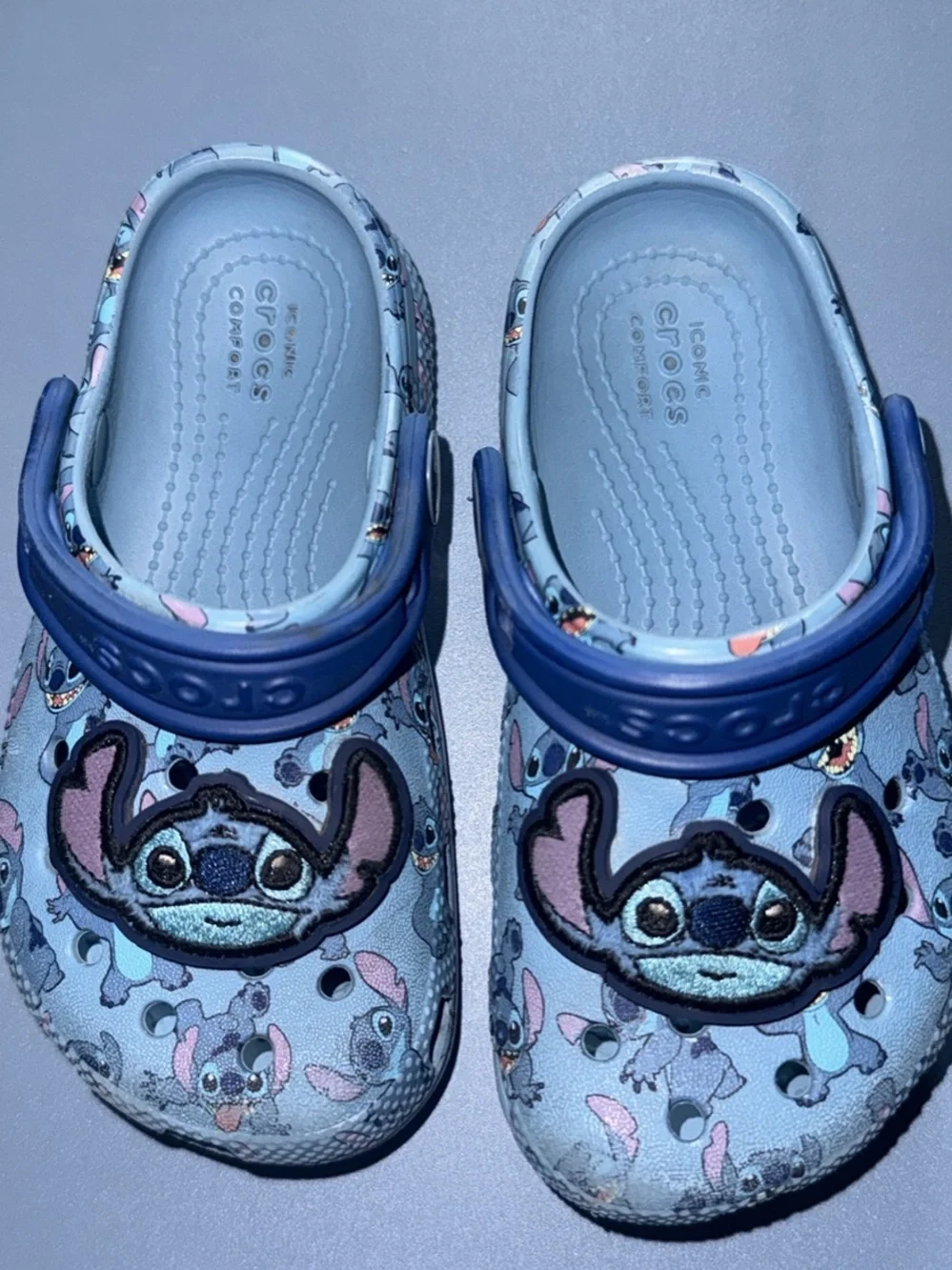 CROCS Kids Light Blue Stitch Clogs with Navy Strap